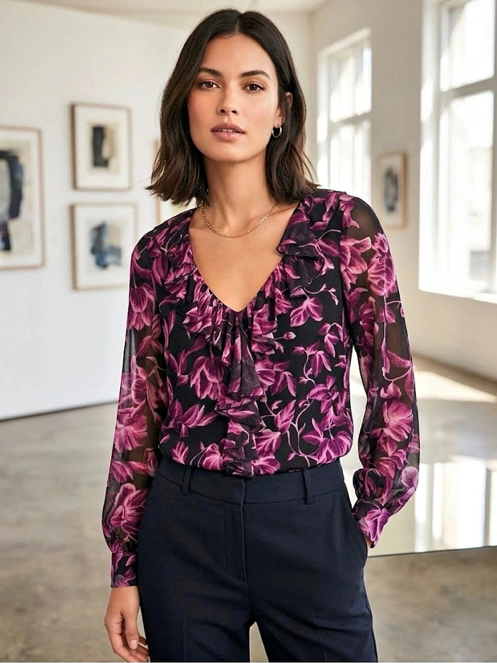 Laura Petites Floral Ruffle Blouse